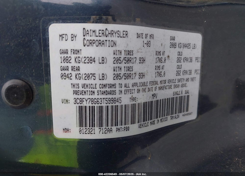 2003 CHRYSLER PT CRUISER VIN: 3C8FY78G63T599845