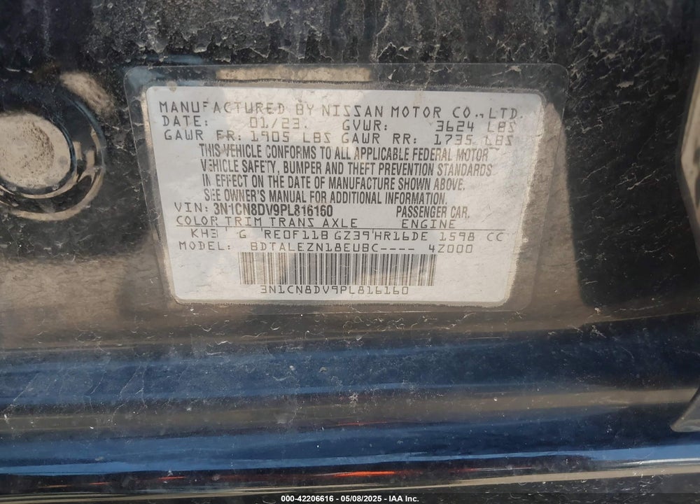 2023 NISSAN VERSA 1.6 S XTRONIC CVT VIN: 3N1CN8DV9PL816160