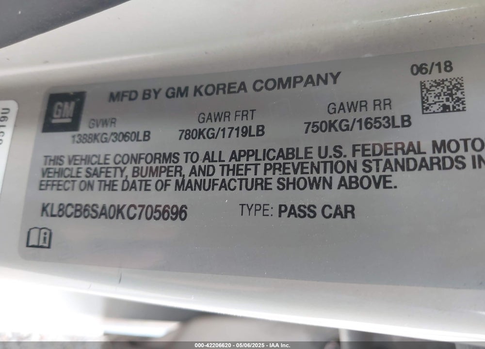 2019 CHEVROLET SPARK VIN: KL8CB6SA0KC705696