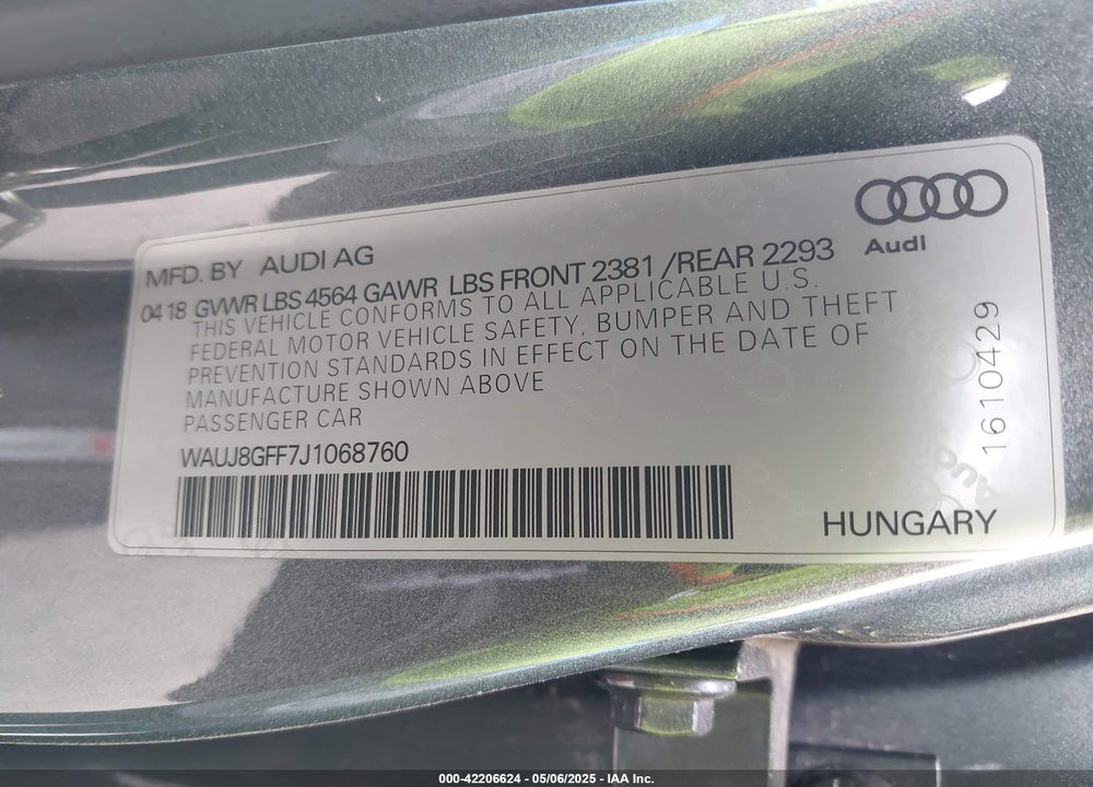 2018 AUDI A3 2.0T PREMIUM/2.0T TECH PREMIUM VIN: WAUJ8GFF7J1068760