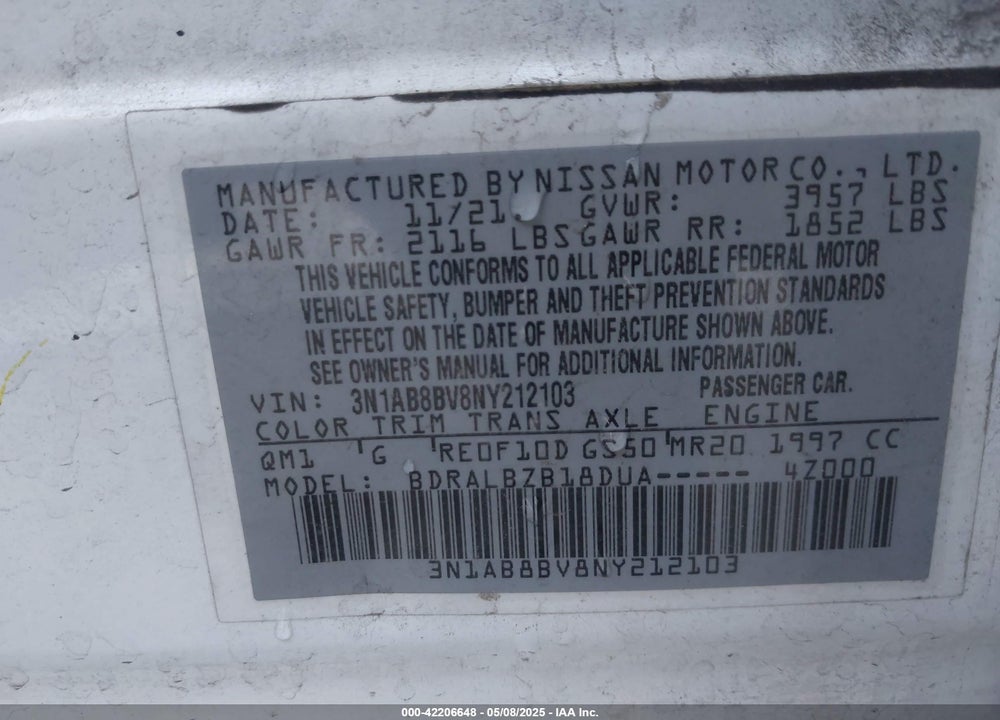 2022 NISSAN SENTRA S XTRONIC CVT VIN: 3N1AB8BV8NY212103