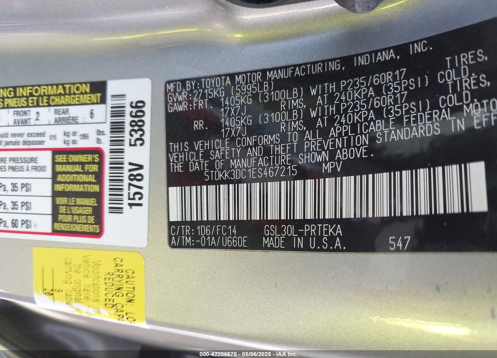 2014 TOYOTA SIENNA VIN: 5TDKK3DC1ES467215