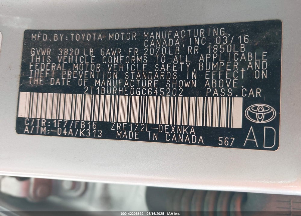 2016 TOYOTA COROLLA LE VIN: 2T1BURHE0GC645202