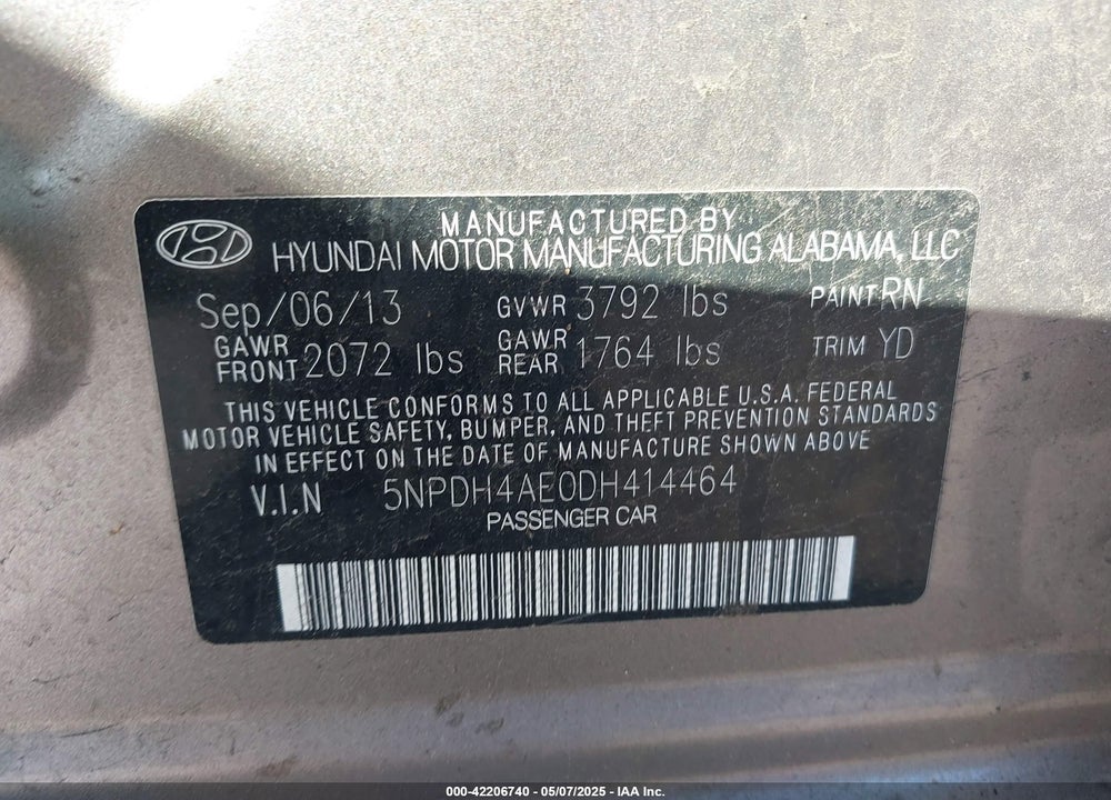 2013 HYUNDAI ELANTRA GLS VIN: 5NPDH4AE0DH414464