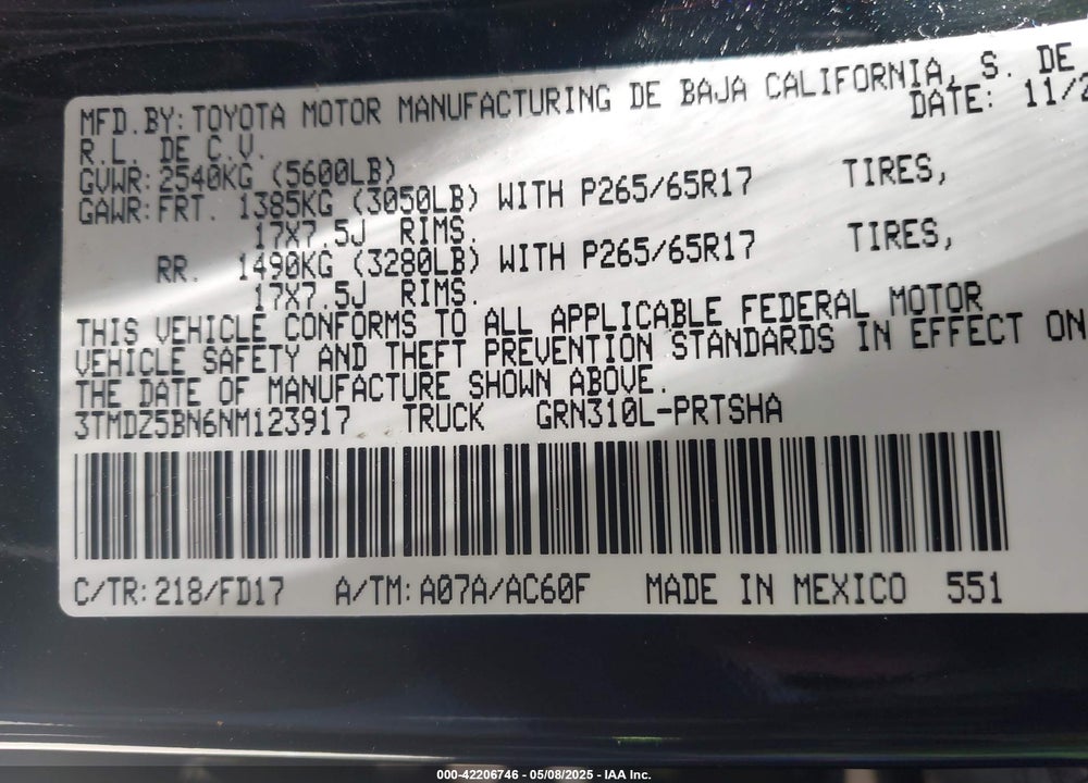 2022 TOYOTA TACOMA TRD SPORT VIN: 3TMDZ5BN6NM123917