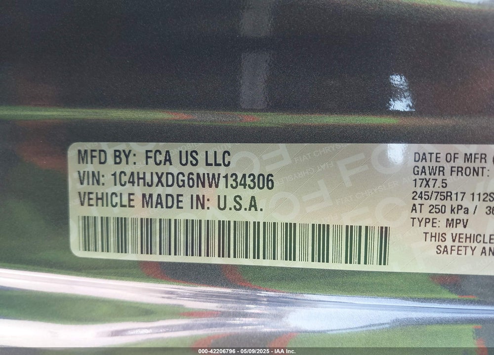 2022 JEEP WRANGLER UNLIMITED SPORT S 4X4 VIN: 1C4HJXDG6NW134306