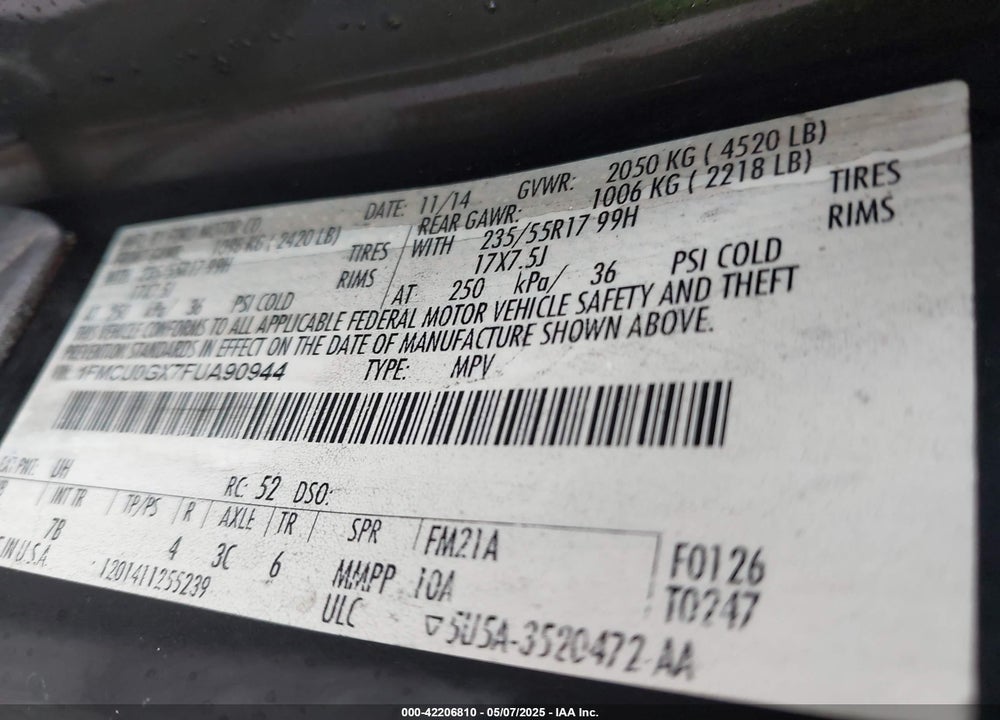 2015 FORD ESCAPE VIN: 1FMCU0GX7FUA90944