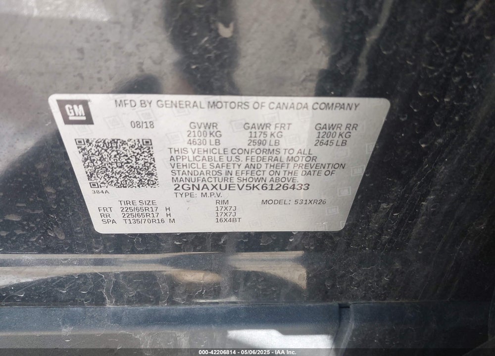 2019 CHEVROLET EQUINOX VIN: 2GNAXUEV5K6126433