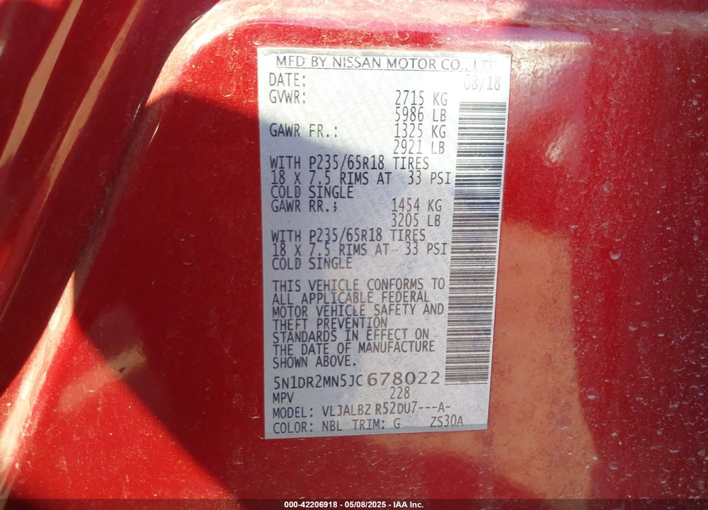 2018 NISSAN PATHFINDER VIN: 5N1DR2MN5JC678022
