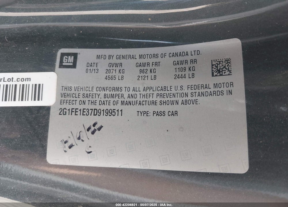 2013 CHEVROLET CAMARO 1LS VIN: 2G1FE1E37D9199511