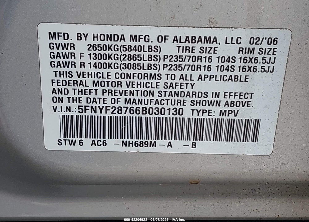 2006 HONDA PILOT VIN: 5FNYF28766B030130