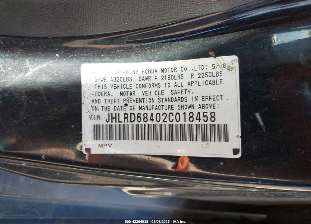 2002 HONDA CR-V LX VIN: JHLRD68402C018458