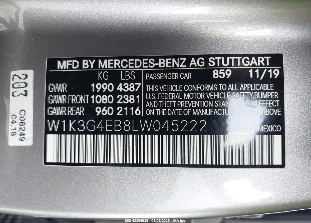 2020 MERCEDES-BENZ A 220 VIN: W1K3G4EB8LW045222