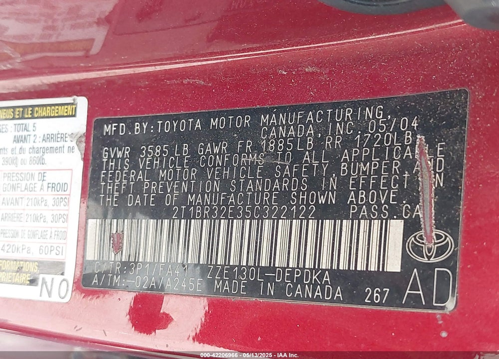 2005 TOYOTA COROLLA CE VIN: 2T1BR32E35C322122