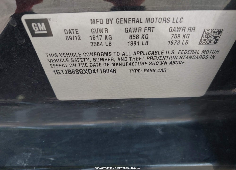 2013 CHEVROLET SONIC VIN: 1G1JB6SGXD4119046