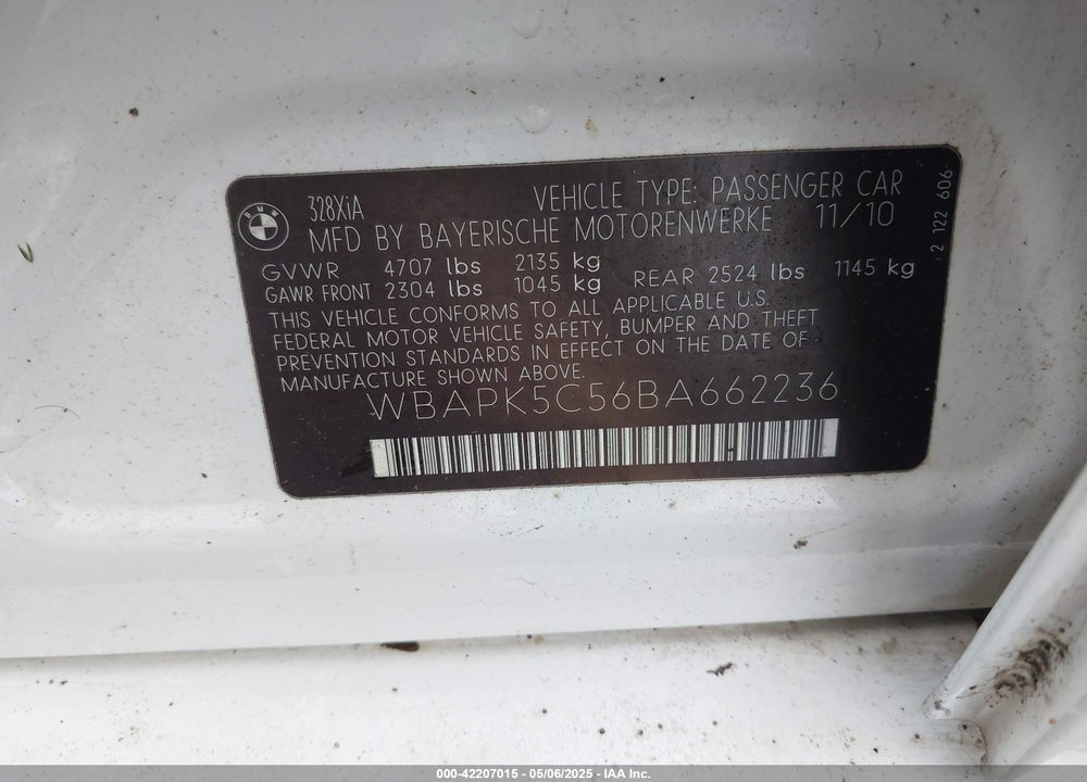2011 BMW 328I VIN: WBAPK5C56BA662236