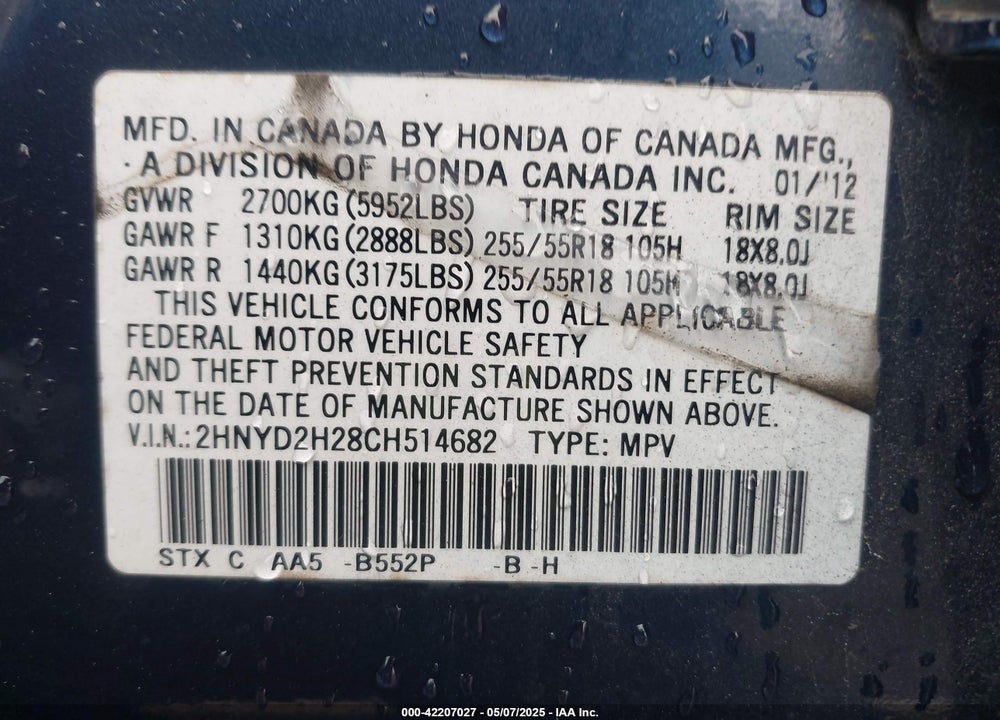 2012 ACURA MDX VIN: 2HNYD2H28CH514682