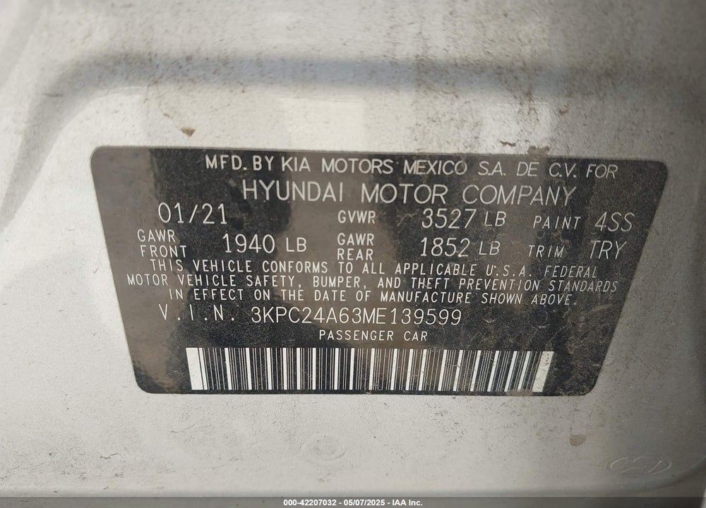 2021 HYUNDAI ACCENT SE VIN: 3KPC24A63ME139599