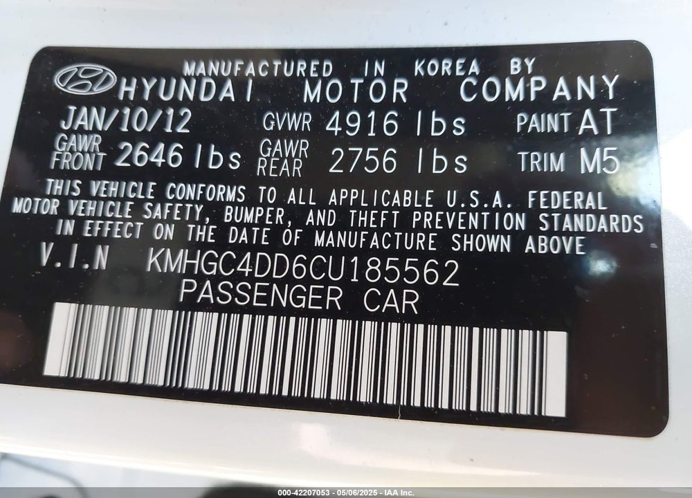 2012 HYUNDAI GENESIS VIN: KMHGC4DD6CU185562