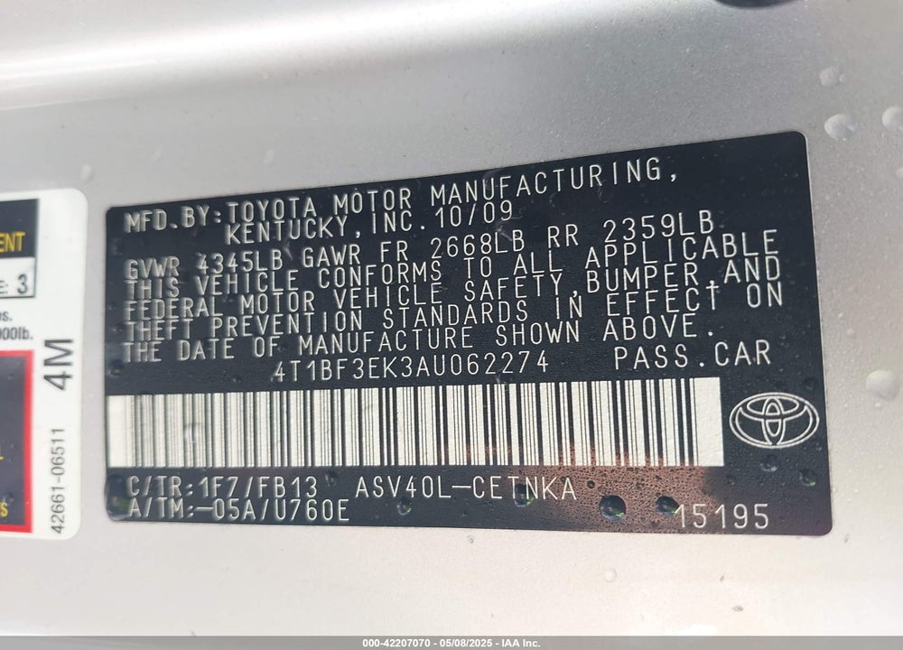 2010 TOYOTA CAMRY VIN: 4T1BF3EK3AU062274