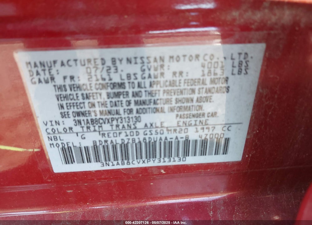 2023 NISSAN SENTRA VIN: 3N1AB8CVXPY313130