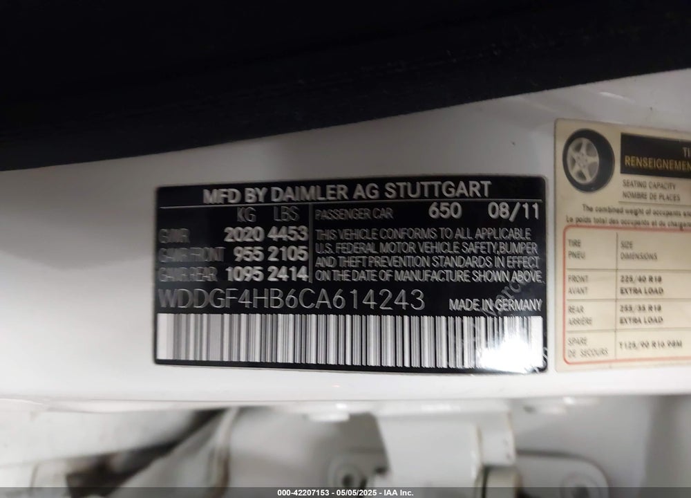 2012 MERCEDES-BENZ C CLASS VIN: WDDGF4HB6CA614243
