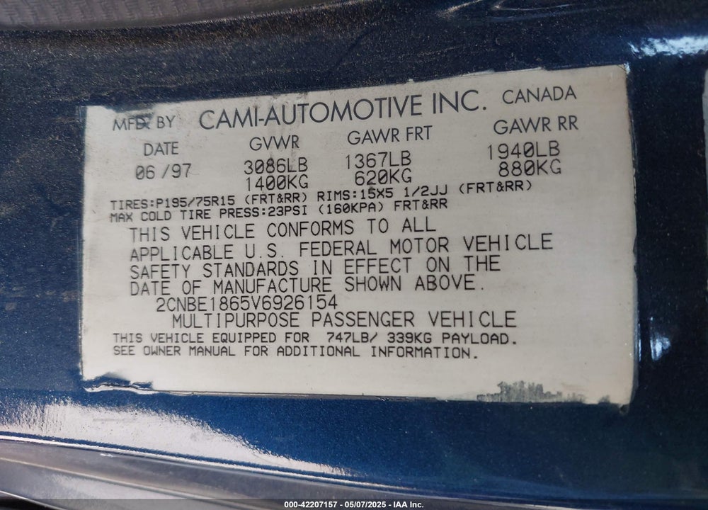 1997 GEO TRACKER VIN: 2CNBE1865V6926154
