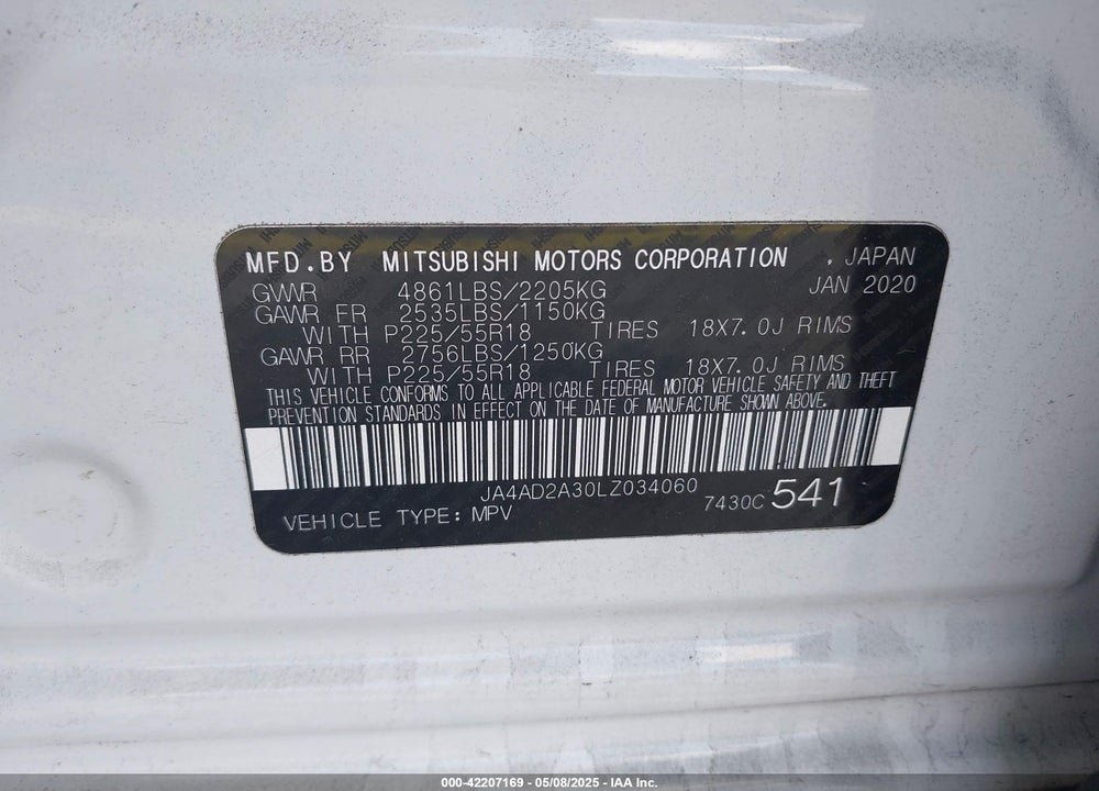 2020 MITSUBISHI OUTLANDER ES 2.4 VIN: JA4AD2A30LZ034060