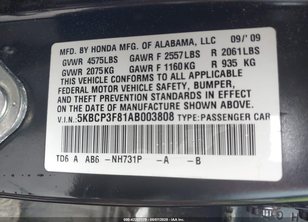 2010 HONDA ACCORD SDN VIN: 5KBCP3F81AB003808