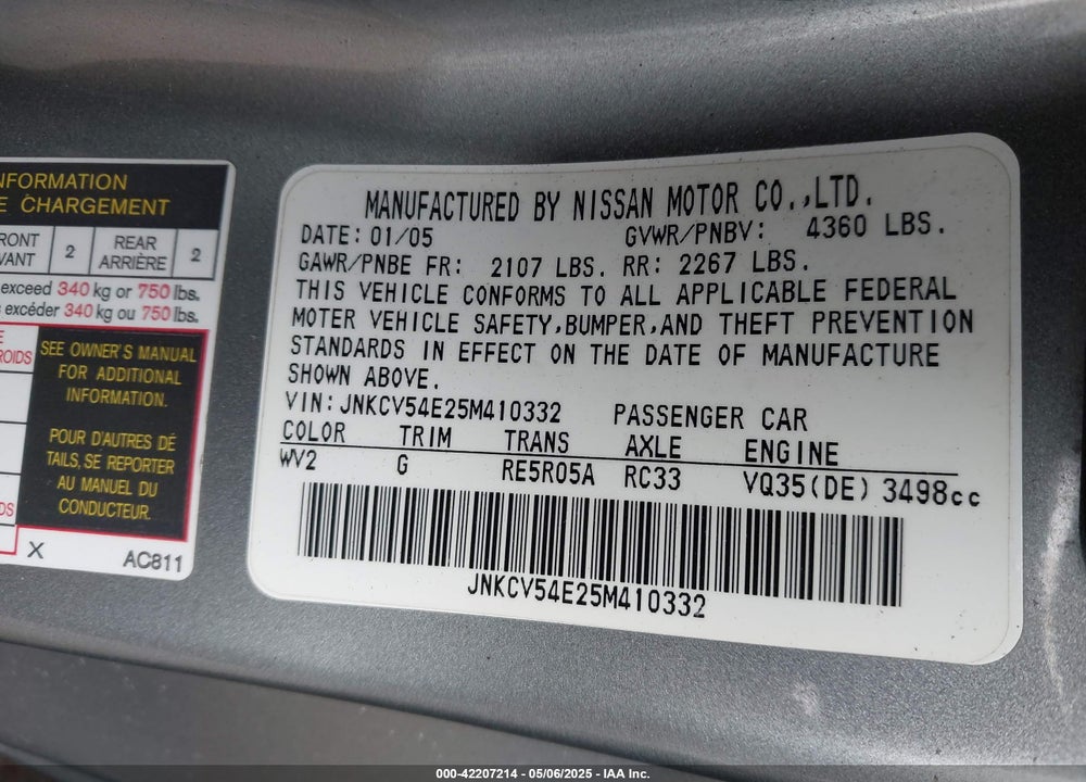2005 INFINITI G35 VIN: JNKCV54E25M410332