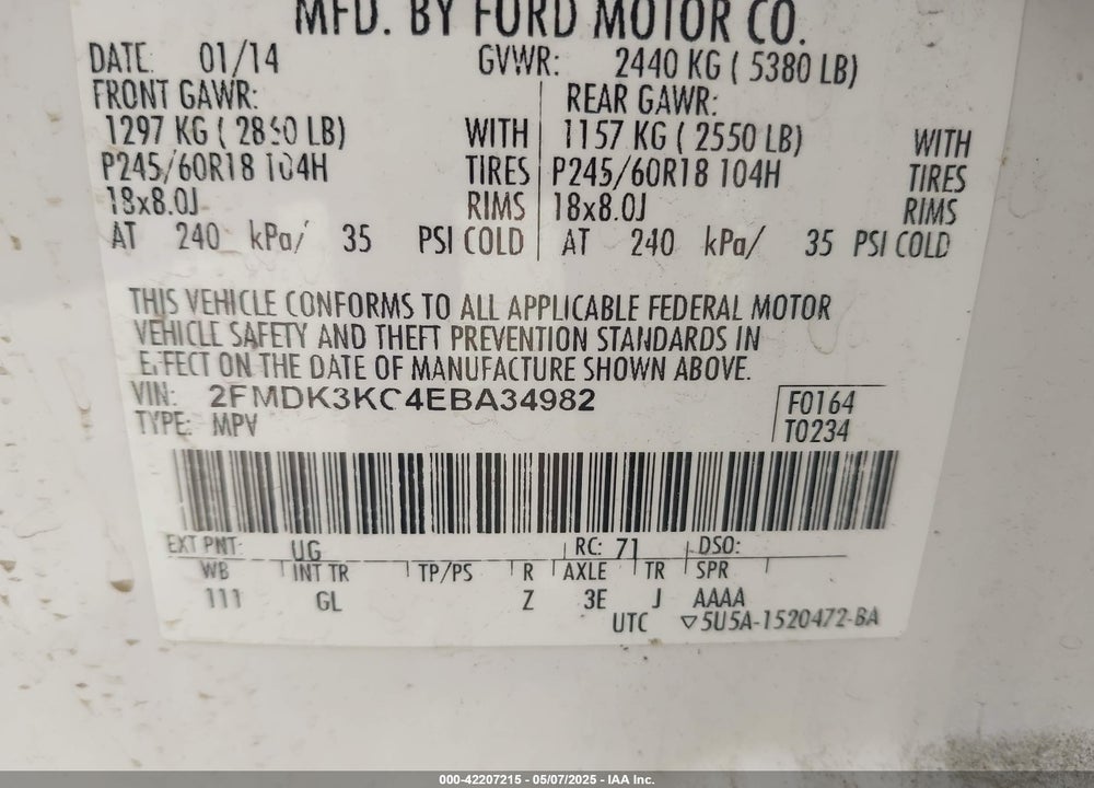 2014 FORD EDGE LIMITED VIN: 2FMDK3KC4EBA34982