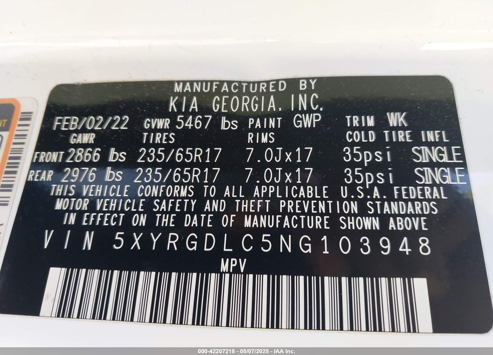 2022 KIA SORENTO VIN: 5XYRGDLC5NG103948