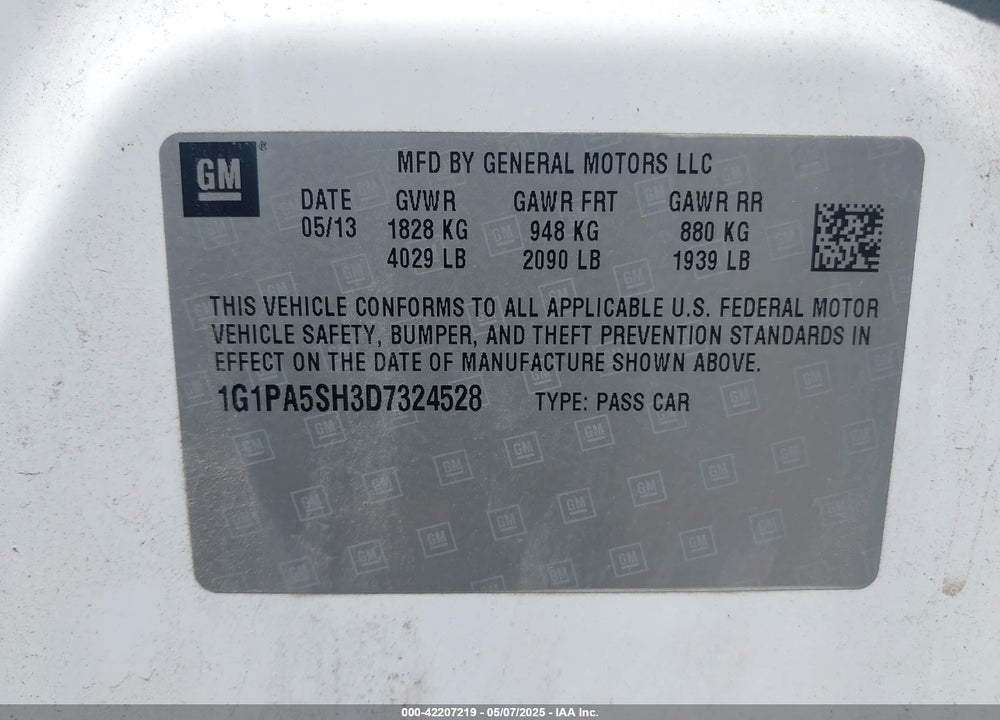 2013 CHEVROLET CRUZE VIN: 1G1PA5SH3D7324528