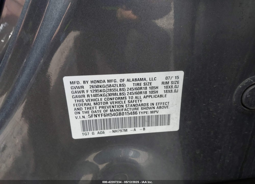 2016 HONDA PILOT EX-L VIN: 5FNYF6H54GB015486