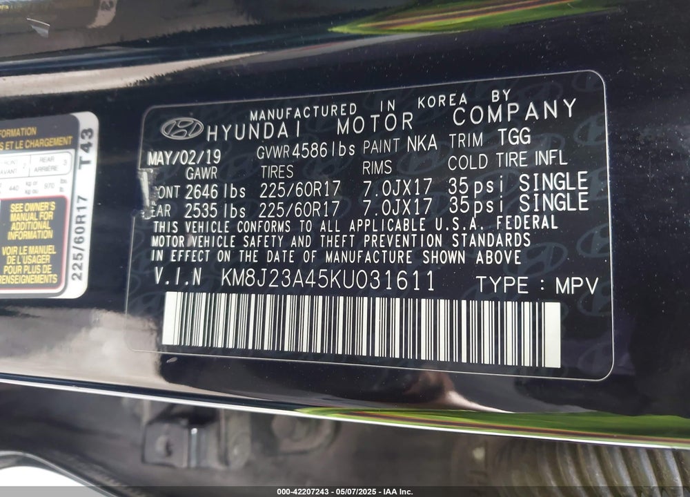 2019 HYUNDAI TUCSON VIN: KM8J23A45KU031611