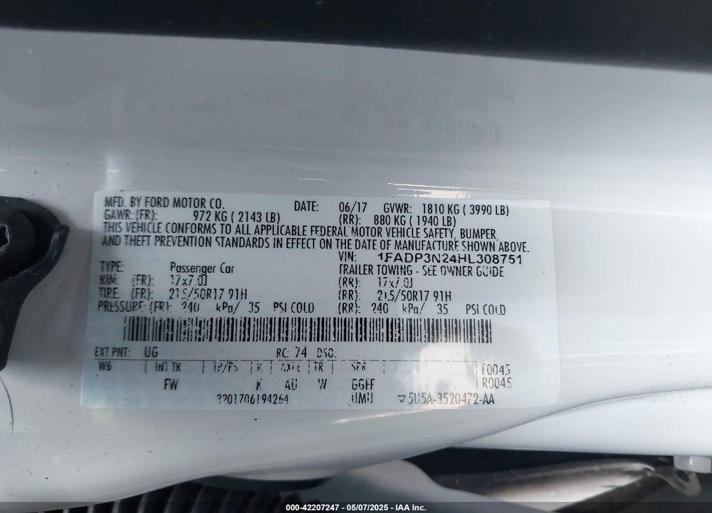 2017 FORD FOCUS VIN: 1FADP3N24HL308751