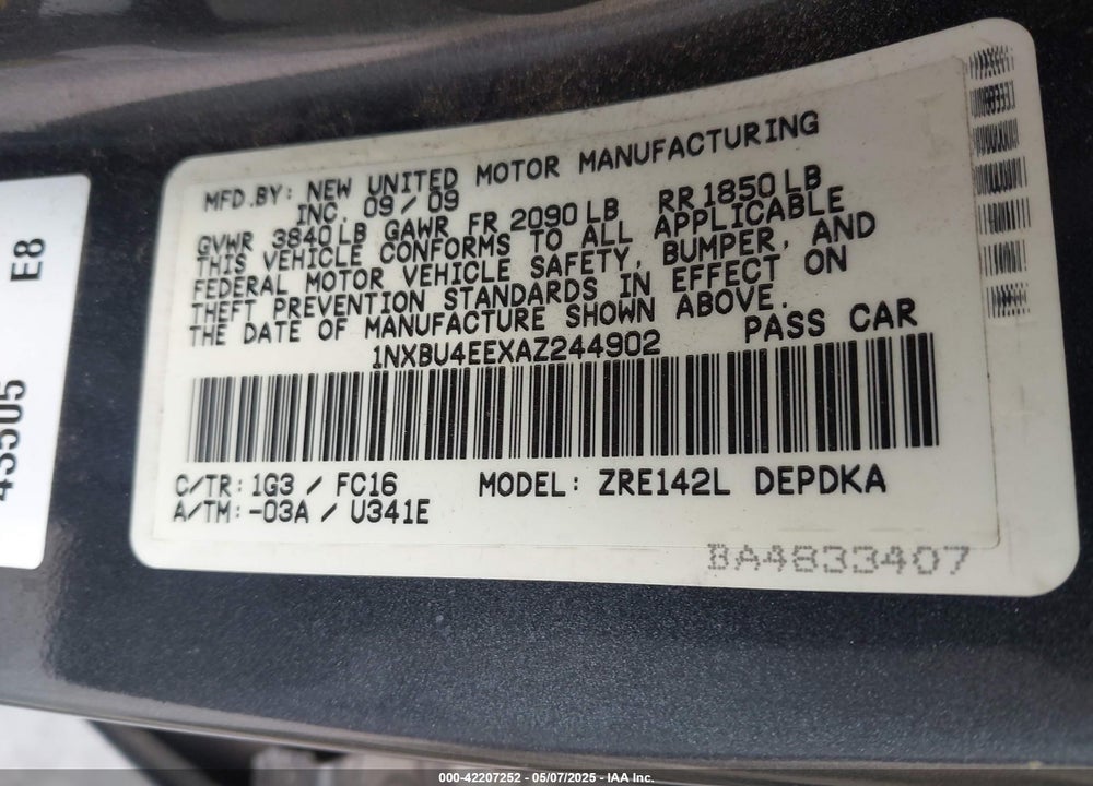 2010 TOYOTA COROLLA VIN: 1NXBU4EEXAZ244902