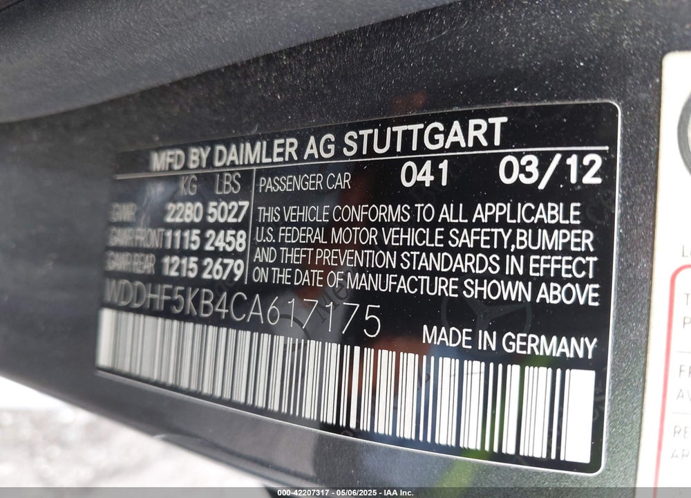 2012 MERCEDES-BENZ E 350 VIN: WDDHF5KB4CA617175