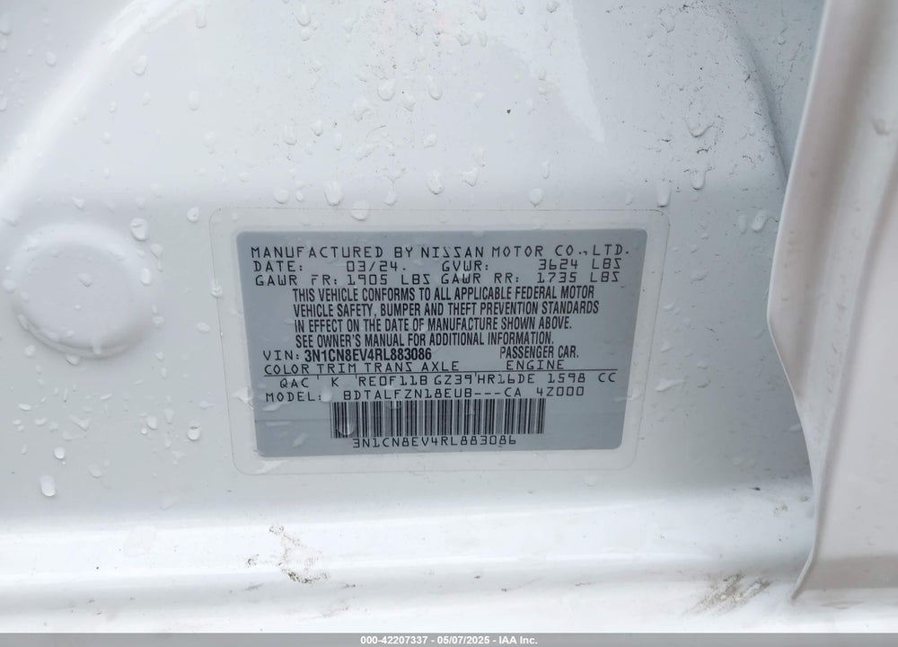 2024 NISSAN VERSA VIN: 3N1CN8EV4RL883086