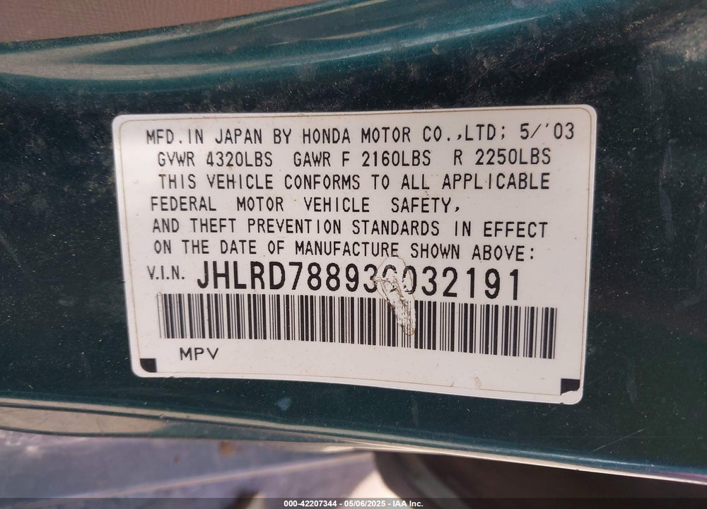 2003 HONDA CR-V EX VIN: JHLRD78893C032191