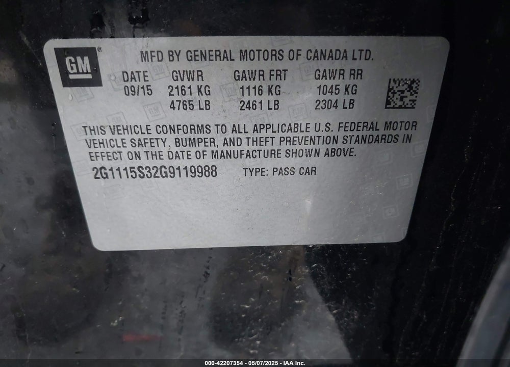 2016 CHEVROLET IMPALA VIN: 2G1115S32G9119988