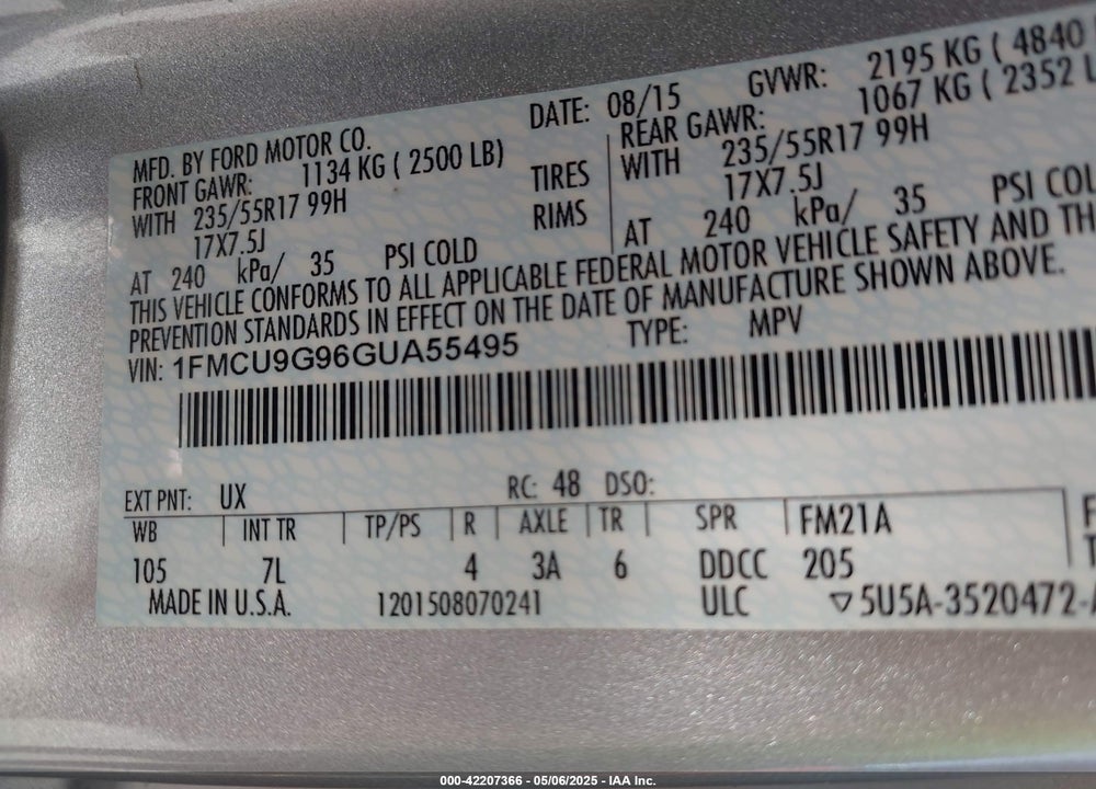 2016 FORD ESCAPE VIN: 1FMCU9G96GUA55495
