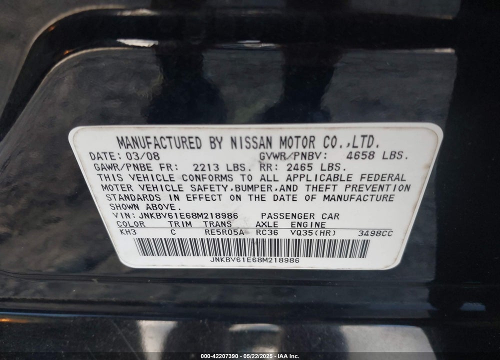2008 INFINITI G35 VIN: JNKBV61E68M218986