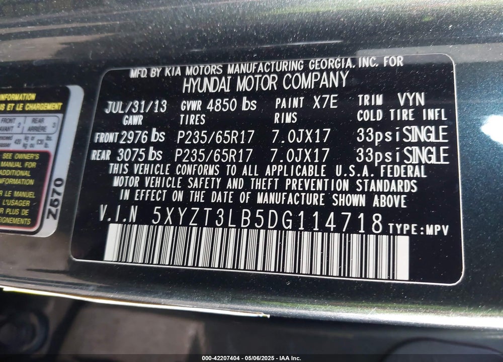 2013 HYUNDAI SANTA FE VIN: 5XYZT3LB5DG114718