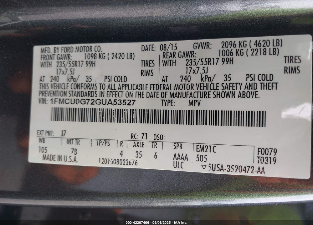 2016 FORD ESCAPE SE VIN: 1FMCU0G72GUA53527