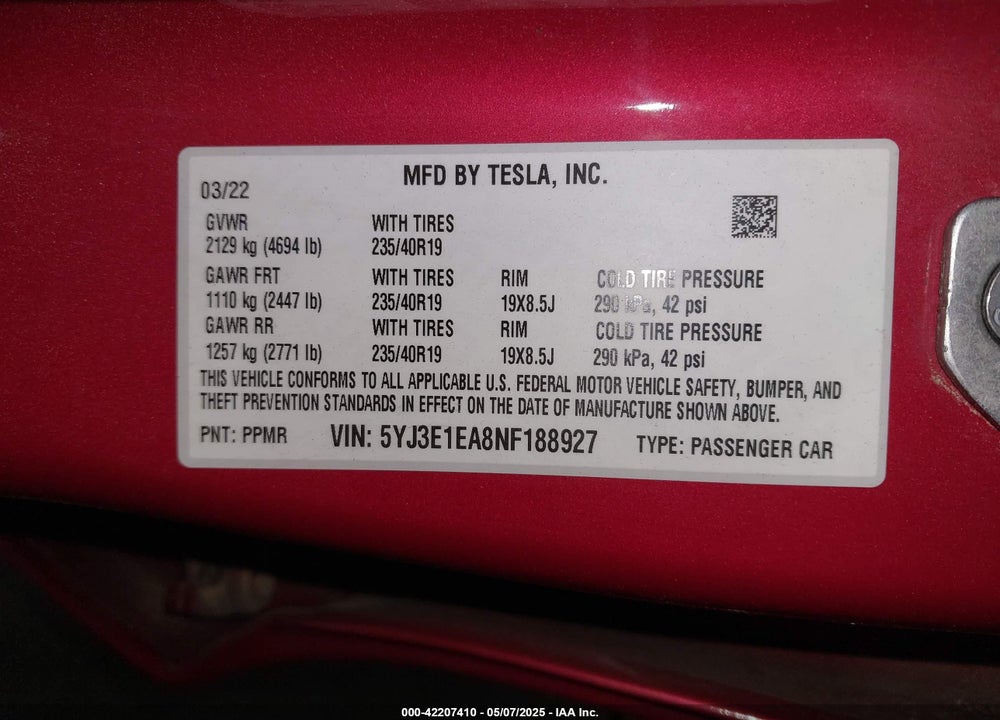 2022 TESLA MODEL 3 REAR-WHEEL DRIVE VIN: 5YJ3E1EA8NF188927