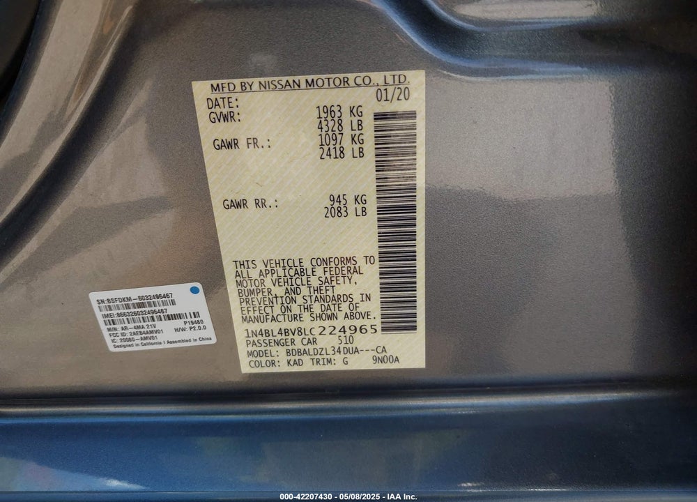 2020 NISSAN ALTIMA VIN: 1N4BL4BV8LC224965
