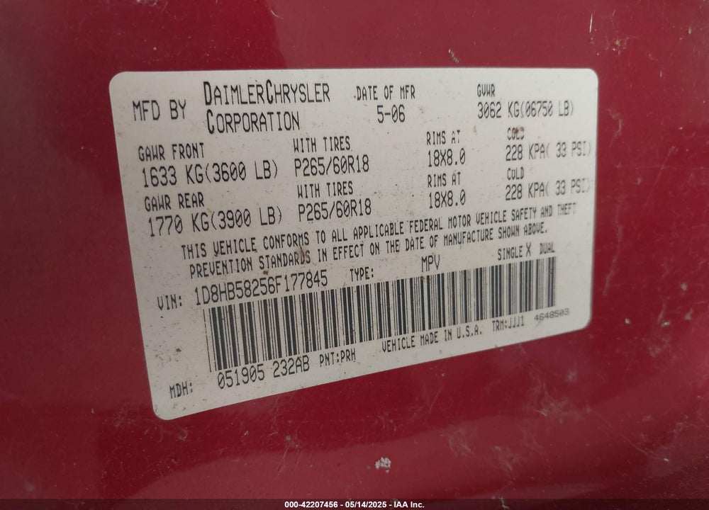 2006 DODGE DURANGO LIMITED VIN: 1D8HB58256F177845