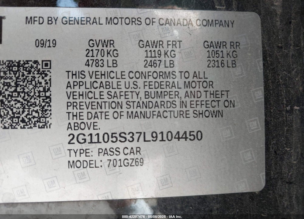 2020 CHEVROLET IMPALA FWD PREMIER VIN: 2G1105S37L9104450