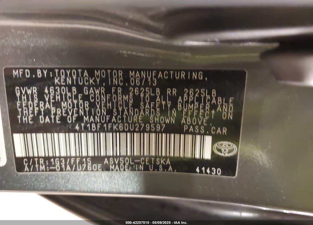 2013 TOYOTA CAMRY VIN: 4T1BF1FK6DU279597